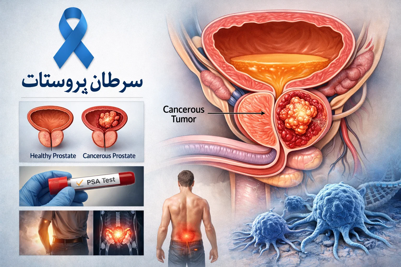 نمای آناتومیک غده پروستات در بدن مردان و محل بروز سرطان پروستات